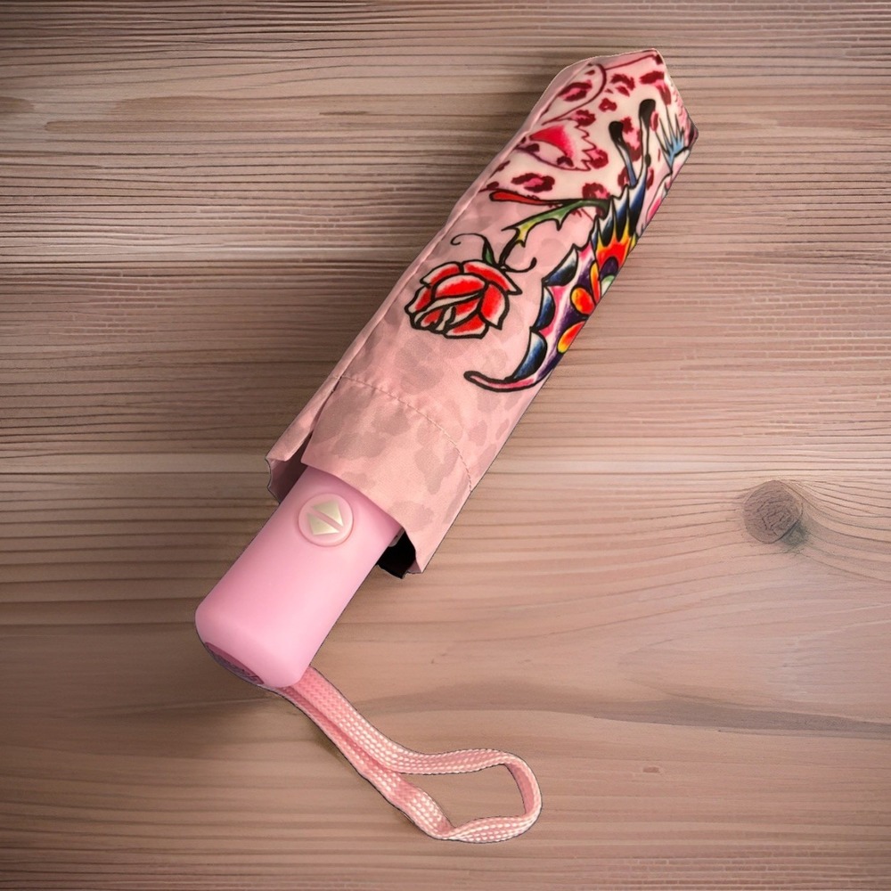Ed Hardy | Umbrella Pink Skull Pop Art Auto Open Close